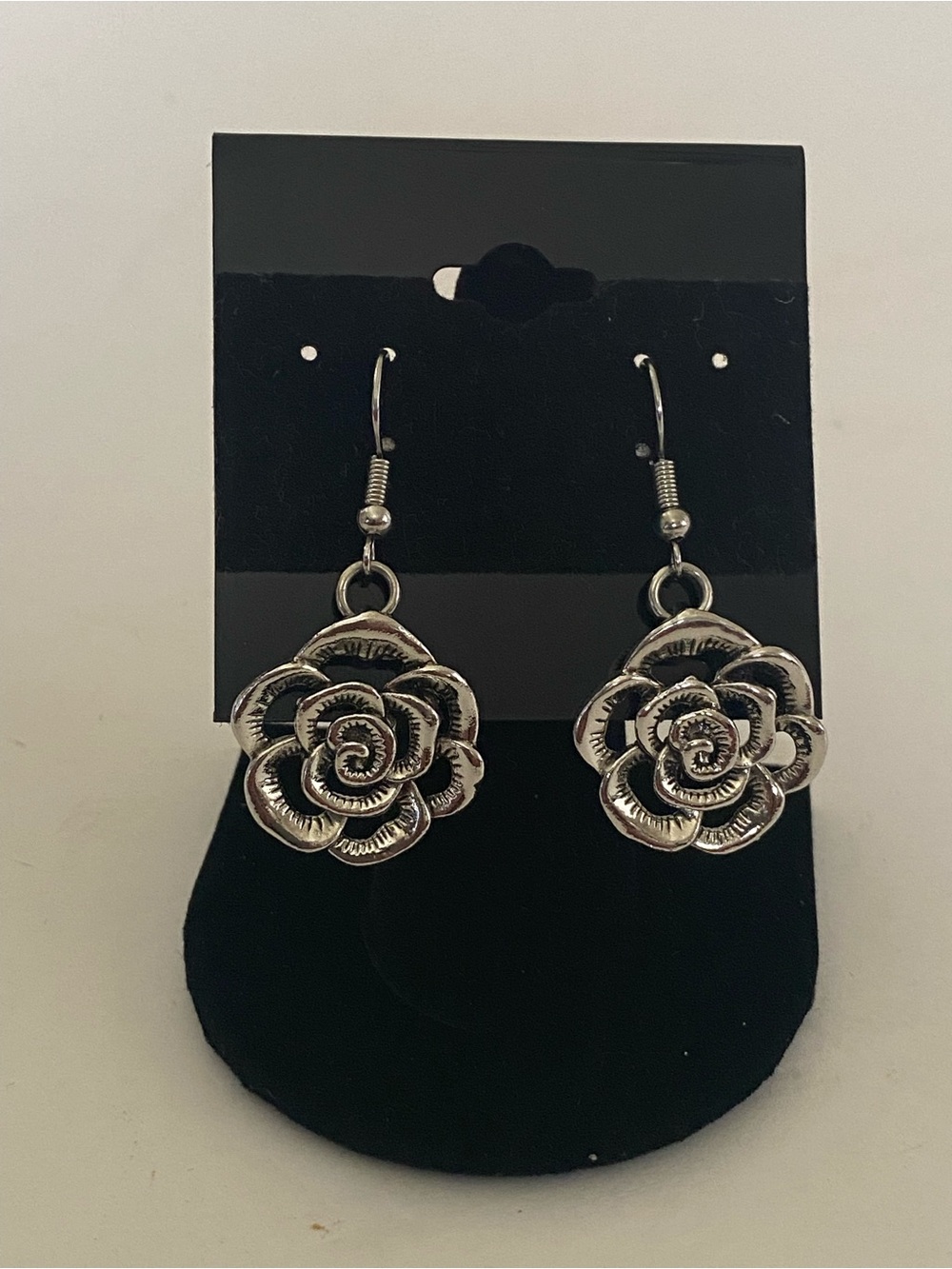 Silver Tone Rose Dangle Drop Earrings - Floral Petal Earrings